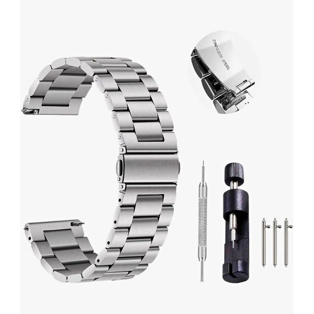 Silver Stainless Steel Bracelet Watch Band 20mm Double Button Clasp
